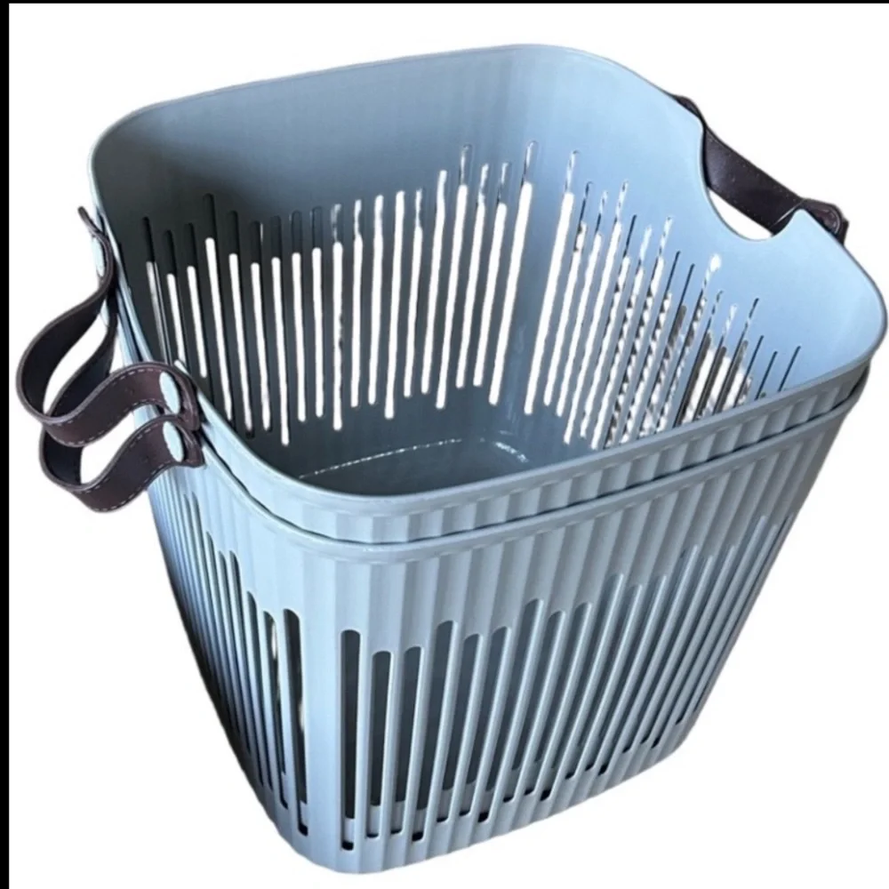 Scandinavian Light Gray Storage Basket Leather Handles Rounded Square